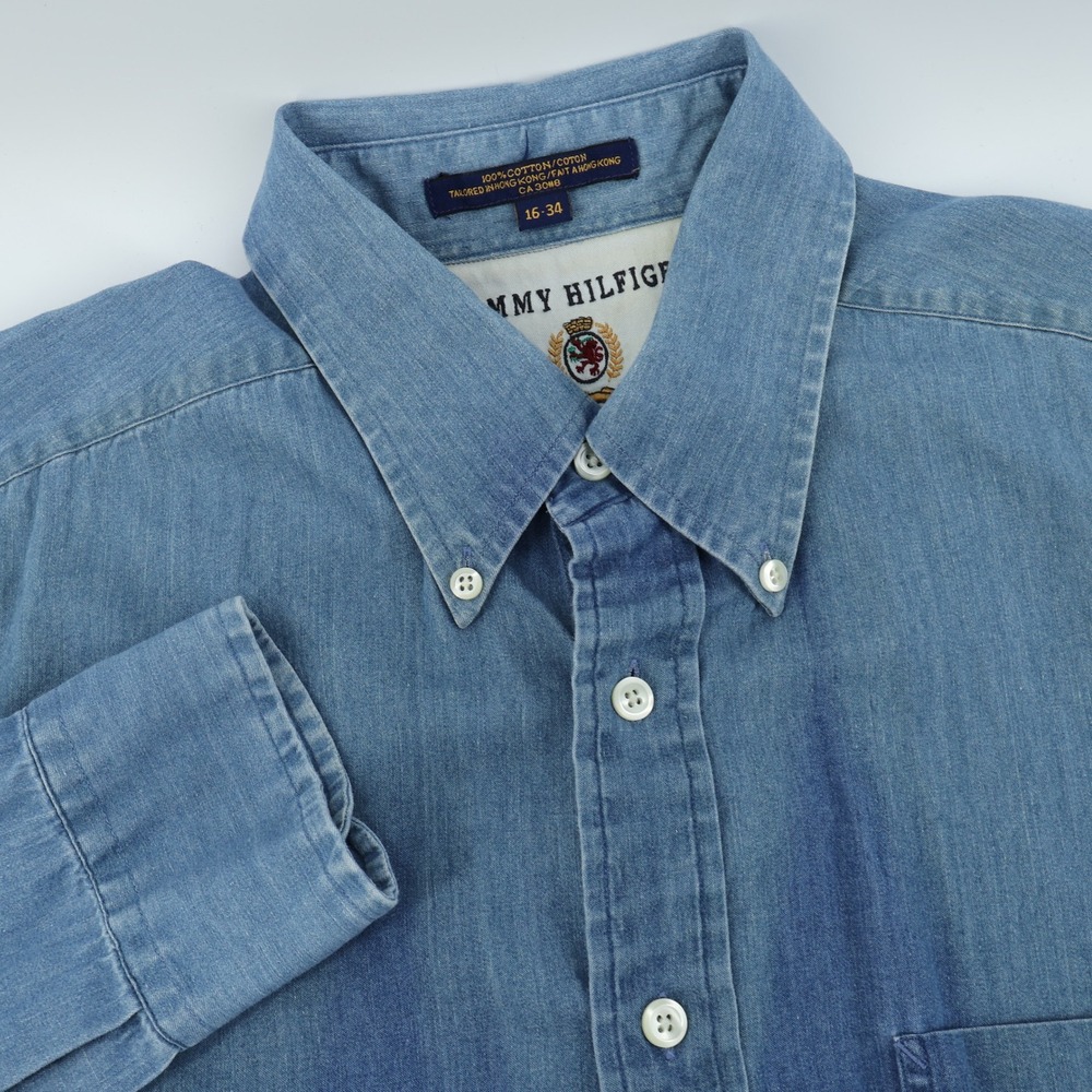 Vintage Tommy Hilfiger‎ Mens Chambray Button Down Shirt Long Sleeve Large 16 34
